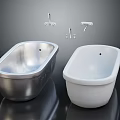 Two Modern Silver And White Bathtubs With Wall Mounted Faucet Accessories