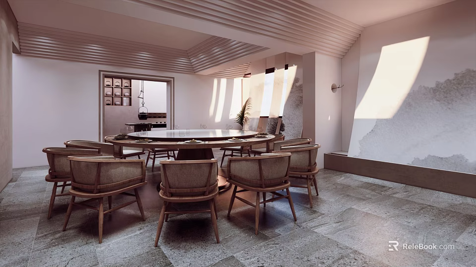 Elegant Private Dining Room Interior With Round Table Striped Ceiling And Stone Floor 3d model 