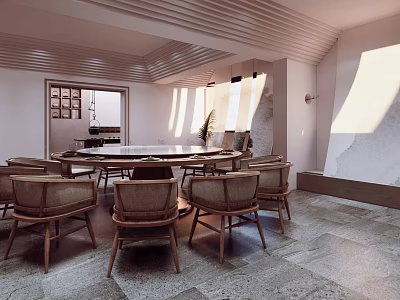 Elegant Private Dining Room Interior With Round Table Striped Ceiling And Stone Floor 3d model
