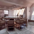 Elegant Private Dining Room Interior With Round Table Striped Ceiling And Stone Floor