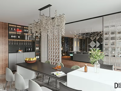 Elegant Dining Living Room Interior with Crystal Chandelier Dining Table Wine Cabinet and Green Plants 3d model