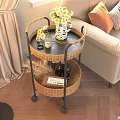 Modern Two Tier Rattan Side Table With Metal Frame And Wheels For Living Room