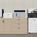 Wooden File Cabinet With Drawers And Doors Holding HP EPSON Printers In Office