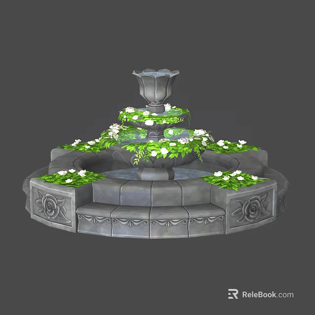 Three Tiered Garden Fountain Ornament With White Flowers Green Vines And Carved Stone Base 3d model 