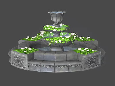 Three Tiered Garden Fountain Ornament With White Flowers Green Vines And Carved Stone Base 3d model