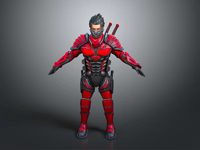 Futuristic Armored Character With Red Black Armor And Twin Swords On Back 3d model