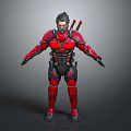 Futuristic Armored Character With Red Black Armor And Twin Swords On Back