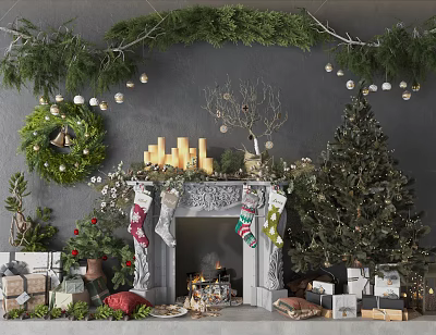Festive Christmas Decorated Fireplace With Stockings Tree Gifts Wreath And Candles 3d model