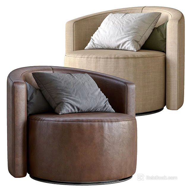 Single Sofa Featuring Brown Leather Beige Fabric and Gray White Pillows 3d model 