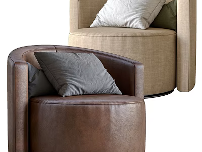 Single Sofa Featuring Brown Leather Beige Fabric and Gray White Pillows 3d model