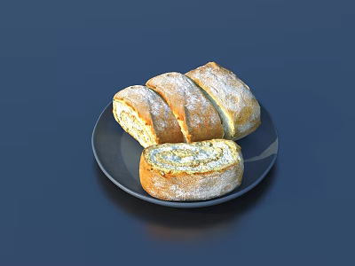 Sliced Stuffed Bread On Black Plate With Golden Crust And Fresh Filling 3d model