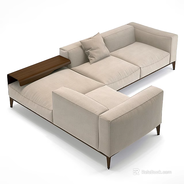 Modern Sectional Sofa With Beige Upholstery Accent Pillow And Wooden Side Tray 3d model 