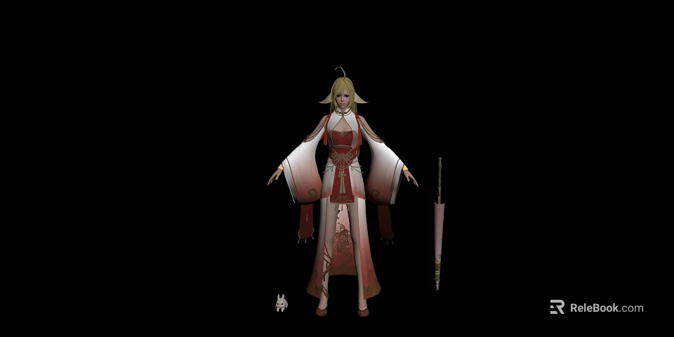 Blonde Haired Game Movie Character in Red White Traditional Outfit Holding Umbrella with Small Animal 3d model 