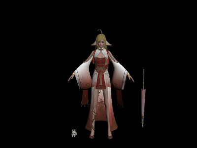 Blonde Haired Game Movie Character in Red White Traditional Outfit Holding Umbrella with Small Animal 3d model