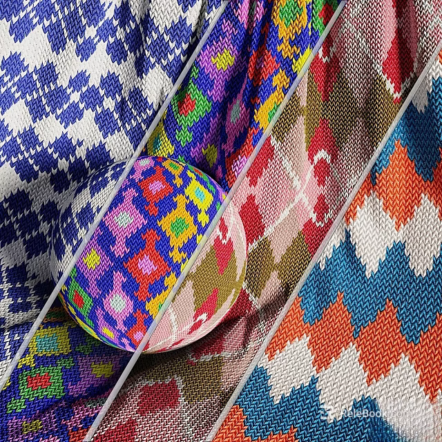 Colorful Woven Textiles Featuring Geometric Patterns And Vibrant Diamond Stripe Designs 3d model 