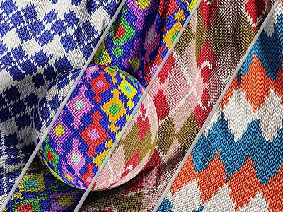 Colorful Woven Textiles Featuring Geometric Patterns And Vibrant Diamond Stripe Designs 3d model