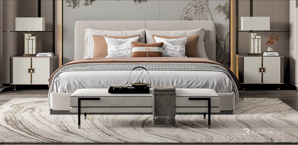 Double Bed Interior With Beige Headboard Multi Colored Pillows And Foot Bench 3d model