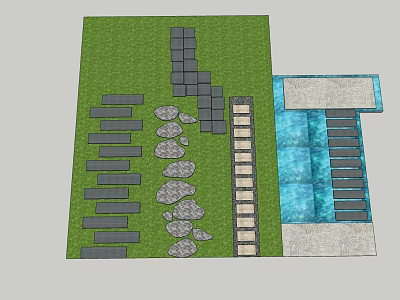 Stepping Stones Path Design in Grass with Stones and Water Area 3d model