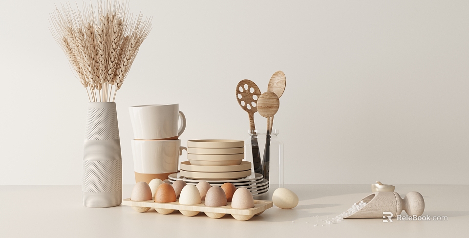 Minimalist Wooden Kitchenware With Stacked Plates Spoons In Jar White Mugs And Eggs In Carton 3d model 