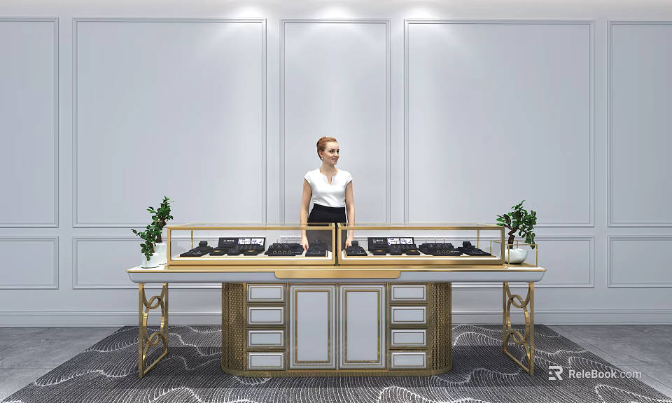 Luxury Display Shelves with Golden Frame Marble Countertop and Green Plants in Modern Setting 3d model 