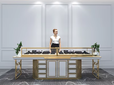 Luxury Display Shelves with Golden Frame Marble Countertop and Green Plants in Modern Setting 3d model