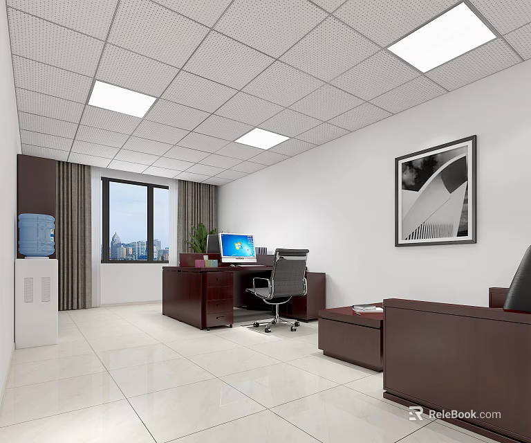Public Office Space Interior With Dark Wood Desk Computer Office Chair Potted Plant Framed Artwork 3d model 