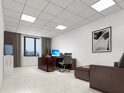 Public Office Space Interior With Dark Wood Desk Computer Office Chair Potted Plant Framed Artwork 3d model