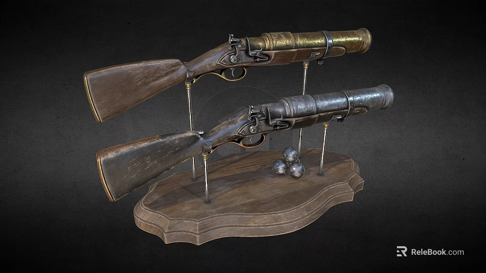 Vintage Old Fashioned Rifles Displayed On Wooden Stand With Lead Balls 3d model 