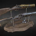 Vintage Old Fashioned Rifles Displayed On Wooden Stand With Lead Balls