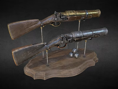 Vintage Old Fashioned Rifles Displayed On Wooden Stand With Lead Balls 3d model