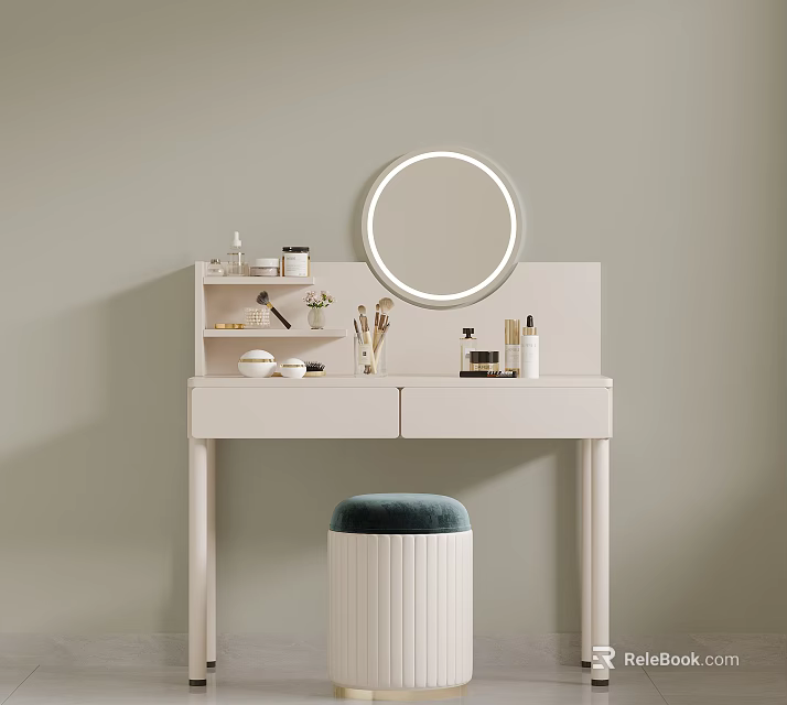White Dressing Table With Round Ring Mirror Cosmetics Skincare And Blue Cushion Stool 3d model 
