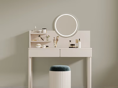 White Dressing Table With Round Ring Mirror Cosmetics Skincare And Blue Cushion Stool 3d model