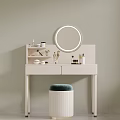 White Dressing Table With Round Ring Mirror Cosmetics Skincare And Blue Cushion Stool