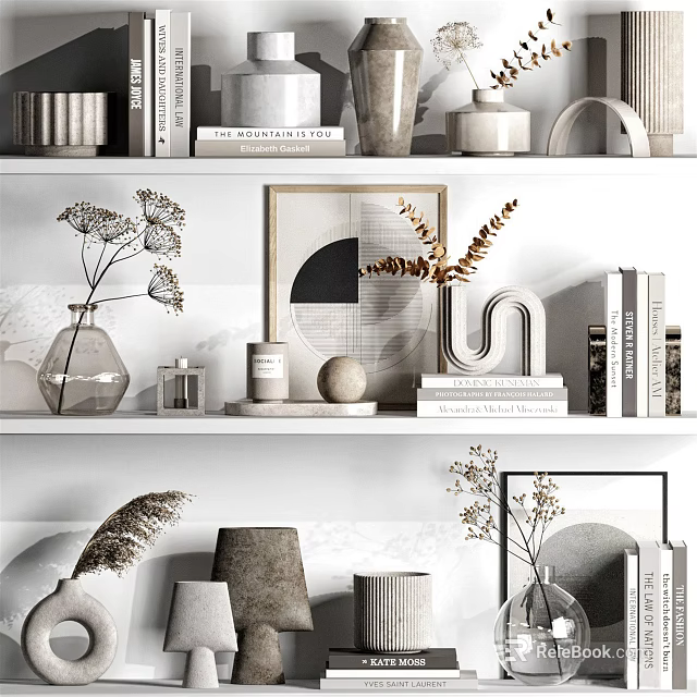 Minimalist Decorative Ornaments Set With Vase Books Art Frame Dried Flowers On White Shelf 3d model 