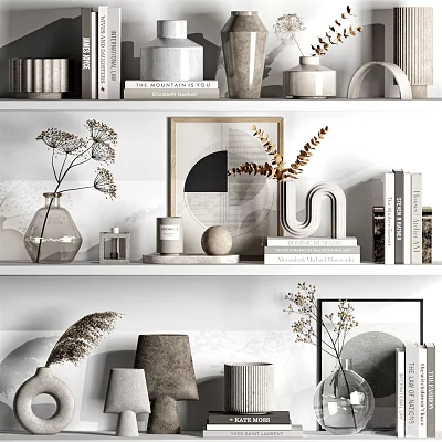 Minimalist Decorative Ornaments Set With Vase Books Art Frame Dried Flowers On White Shelf 3d model