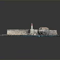 Miniature Fortress Model Featuring Circular Base Stone Structure Blue Water Lighthouse And Rocky Shore