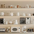 Kitchen With Various Appliances Neatly Arranged On Multi Tiered Shelves And Containers