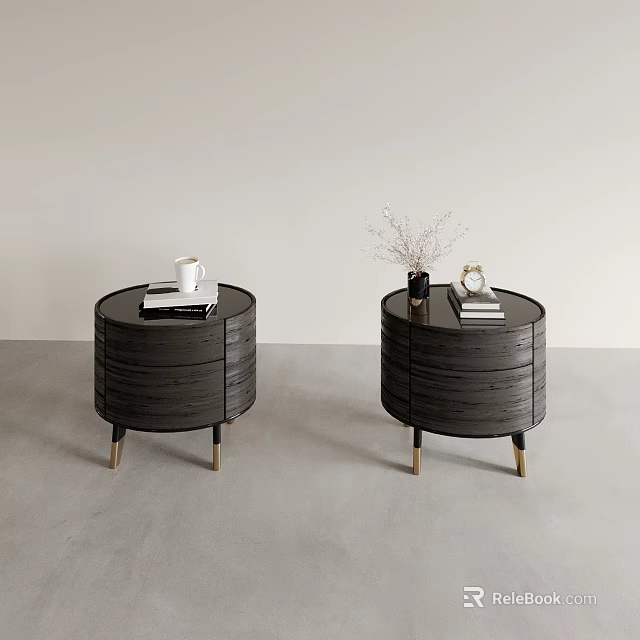 Dark Wood Grain Bedside Tables With Golden Legs White Cup Books And Dried Flowers 3d model 