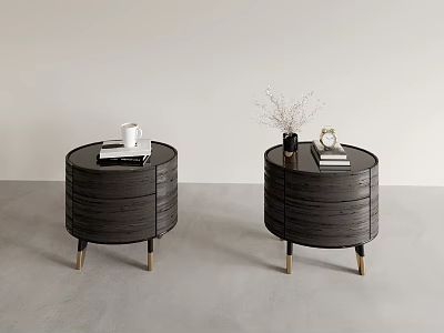 Dark Wood Grain Bedside Tables With Golden Legs White Cup Books And Dried Flowers 3d model