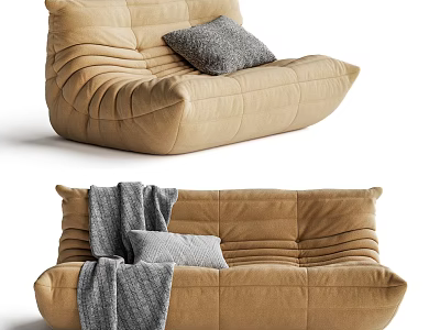 Modern Beige Tufted Single Sofa with Gray Pillow and Gray Blanket 3d model