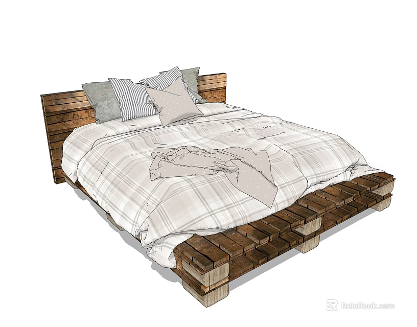 Rustic Wooden Pallet Double Bed with Plaid Bedspread and Patterned Pillows Natural Cozy 3d model 