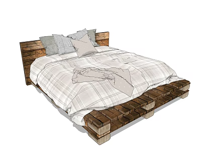 Rustic Wooden Pallet Double Bed with Plaid Bedspread and Patterned Pillows Natural Cozy 3d model