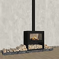 Black Fireplace With Burning Flames And Stacked Firewood On Beige Wall Wooden Floor