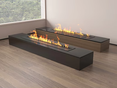 Two Modern Linear Fireplaces With Burning Flames In Wooden Floor Interior 3d model