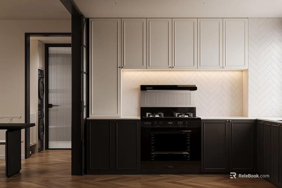 Modern Kitchen Interior With White Upper Cabinets Black Lower Cabinets Range Hood And Stove 3d model 