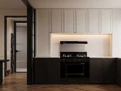 Modern Kitchen Interior With White Upper Cabinets Black Lower Cabinets Range Hood And Stove 3d model