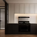 Modern Kitchen Interior With White Upper Cabinets Black Lower Cabinets Range Hood And Stove