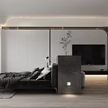 Modern Minimalist Apartment Bedroom With Open Layout Black Bed TV Wooden Floors And White Walls