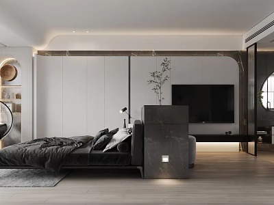 Modern Minimalist Apartment Bedroom With Open Layout Black Bed TV Wooden Floors And White Walls 3d model