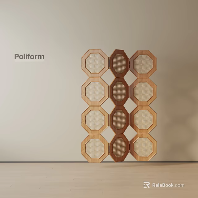 Hexagonal Wooden Room Divider With Woven Panels And Geometric Structure Design 3d model